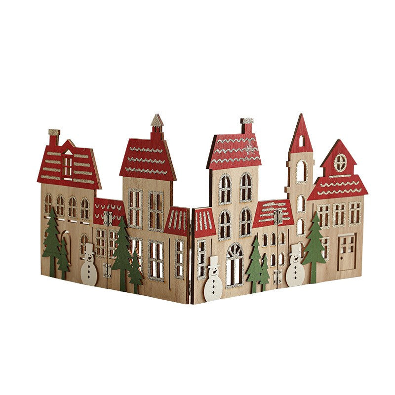 Decoratiune de Craciun, Klevo, Model Orasel de Craciun pentru Brad, in stil European, Pliabil din Lemn, 57 x 20 cm, Maro Natur Rosu