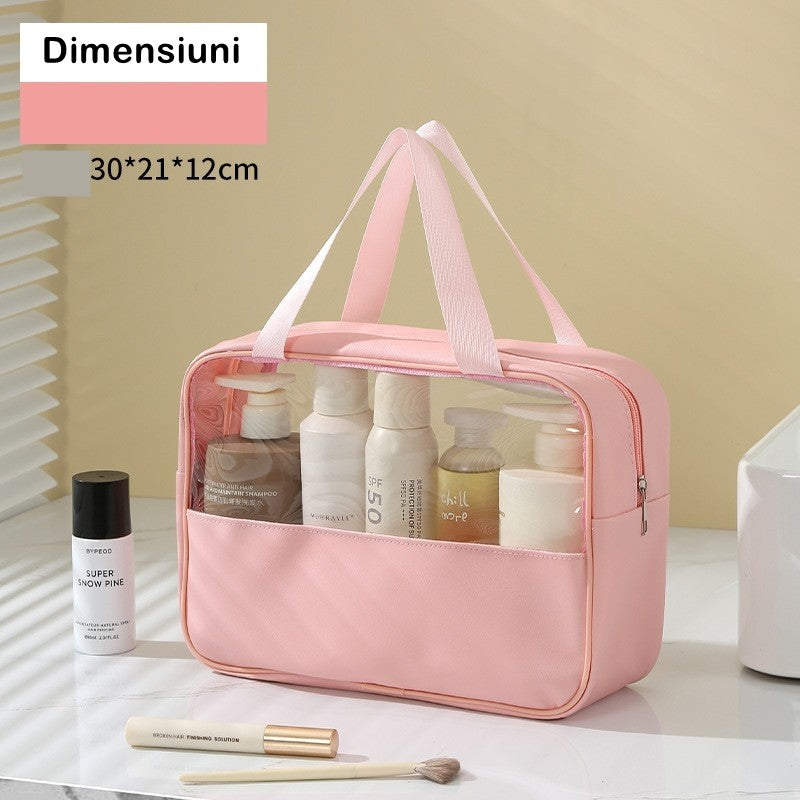 Geanta cosmetice Klevo, pentru voiaj sau organizare, material PVC/textil, impermeabila, portabila, 30 x 21 x 12 cm, roz