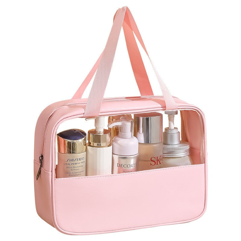 Geanta cosmetice Klevo, pentru voiaj sau organizare, material PVC/textil, impermeabila, portabila, 30 x 21 x 12 cm, roz