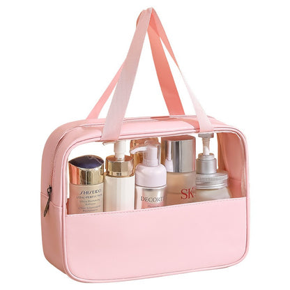 Geanta cosmetice Klevo, pentru voiaj sau organizare, material PVC/textil, impermeabila, portabila, 30 x 21 x 12 cm, roz