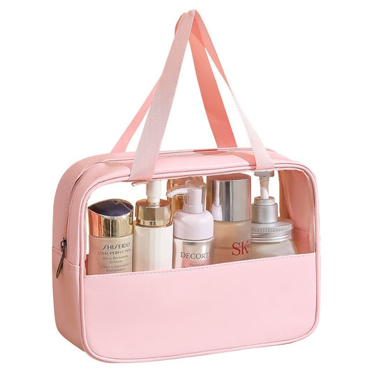 Geanta cosmetice Klevo, pentru voiaj sau organizare, material PVC/textil, impermeabila, portabila, 30 x 21 x 12 cm, roz