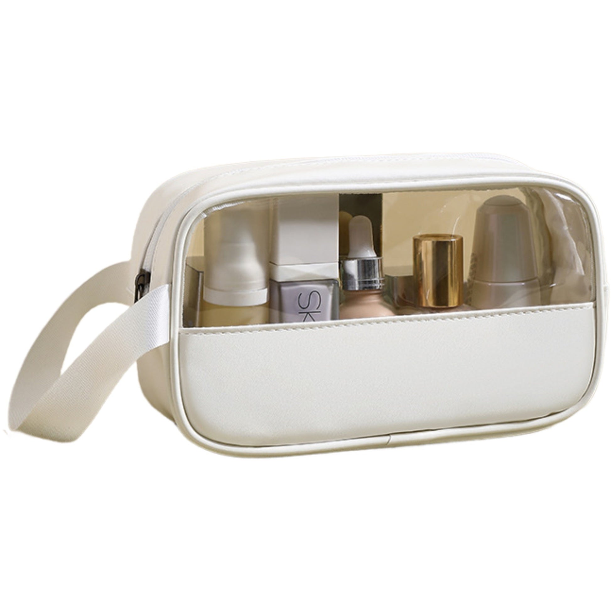 Geanta cosmetice Klevo, pentru voiaj sau organizare, material PVC/textil, impermeabila, portabila, 22 x 12 x 8 cm, alb