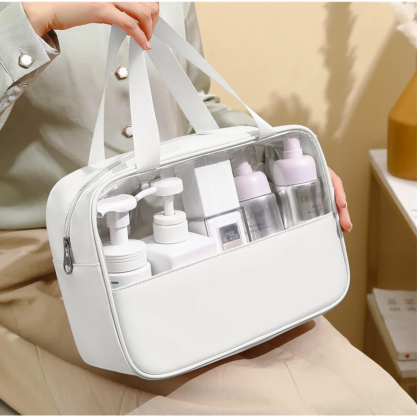Geanta cosmetice Klevo, pentru voiaj sau organizare, material PVC/textil, impermeabila, portabila, 26 x 15 x 10 cm, alb