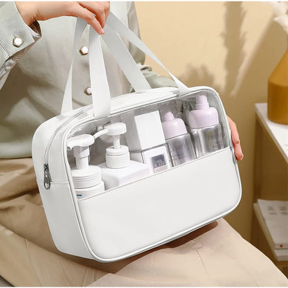 Geanta cosmetice Klevo, pentru voiaj sau organizare, material PVC/textil, impermeabila, portabila, 26 x 15 x 10 cm, alb