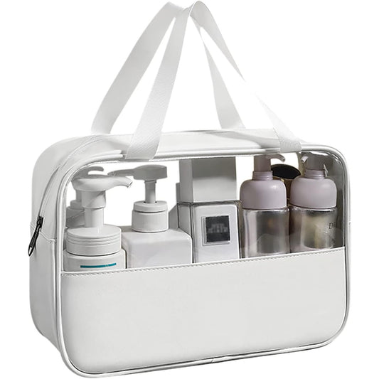 Geanta cosmetice Klevo, pentru voiaj sau organizare, material PVC/textil, impermeabila, portabila, 30x12x21 cm, alb