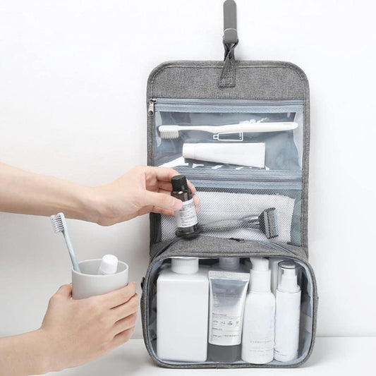 Geanta cosmetice voiaj, Klevo, material panza, impermeabil, 3 compartimente, cu agatatoare, Gri, 47 x 28 x 20   cm