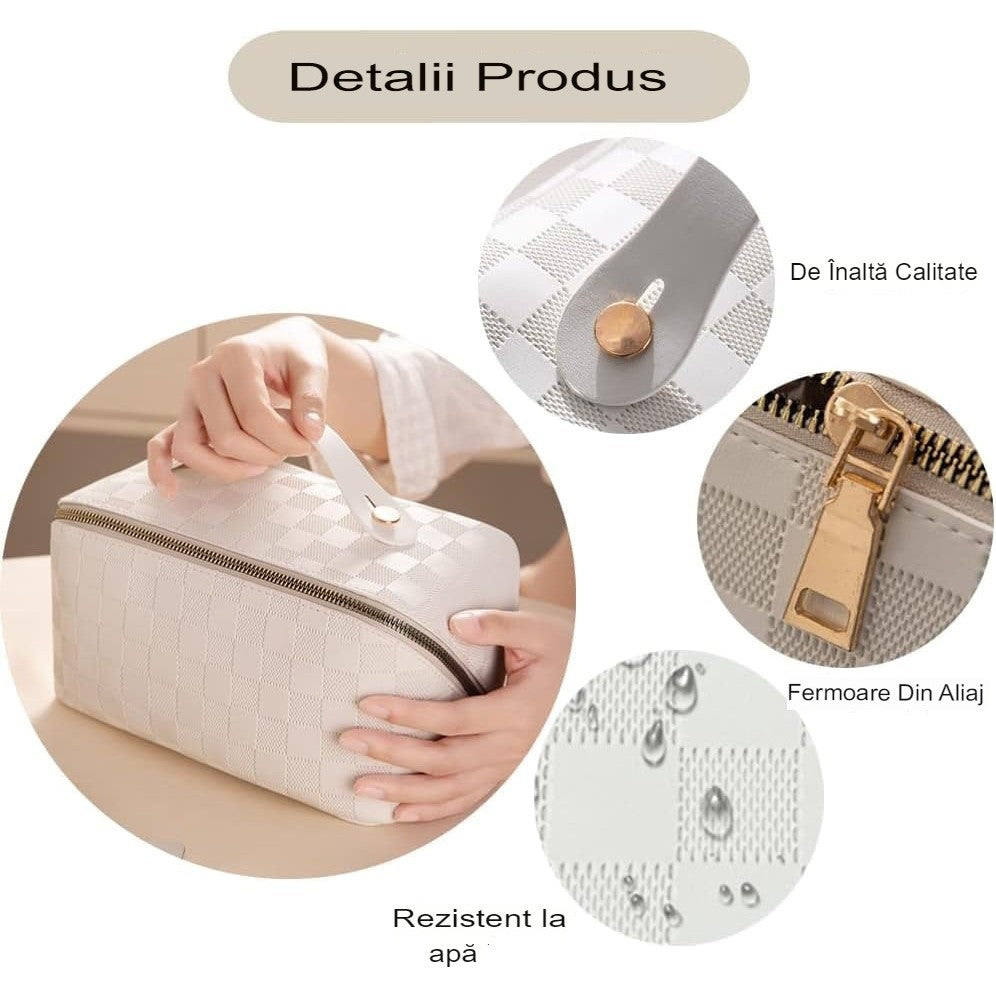 Geanta de Calatorie Klevo, Pentru Cosmetice, Portabila, Impermeabila, din Piele Ecologica, Compartimente Multiple, cu Fermoar, 22 x 13 x 12.5 cm, In Carouri, Alb