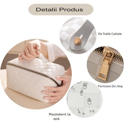 Geanta de Calatorie Klevo, Pentru Cosmetice, Portabila, Impermeabila, din Piele Ecologica, Compartimente Multiple, cu Fermoar, 22 x 13 x 12.5 cm, In Carouri, Alb