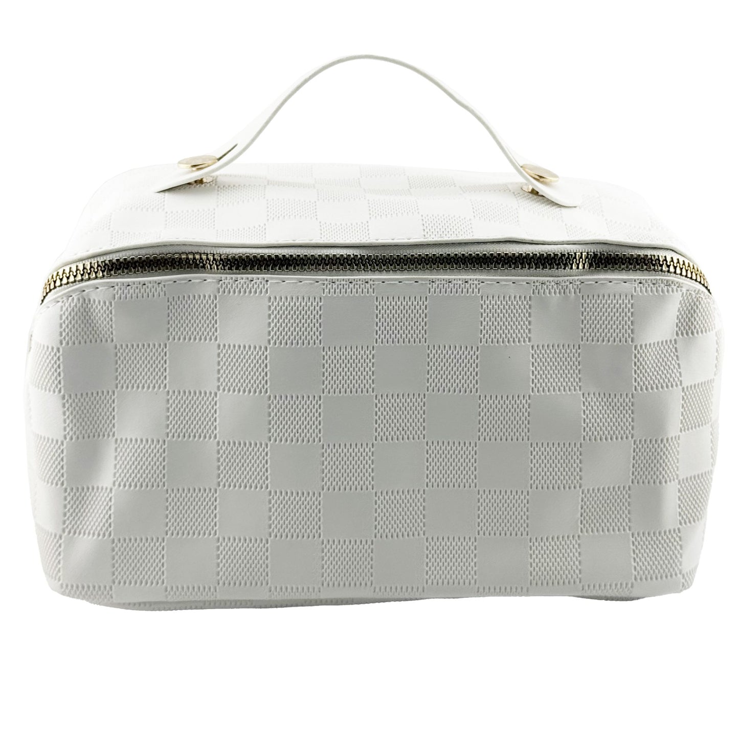 Geanta de Calatorie Klevo, Pentru Cosmetice, Portabila, Impermeabila, din Piele Ecologica, Compartimente Multiple, cu Fermoar, 22 x 13 x 12.5 cm, In Carouri, Alb