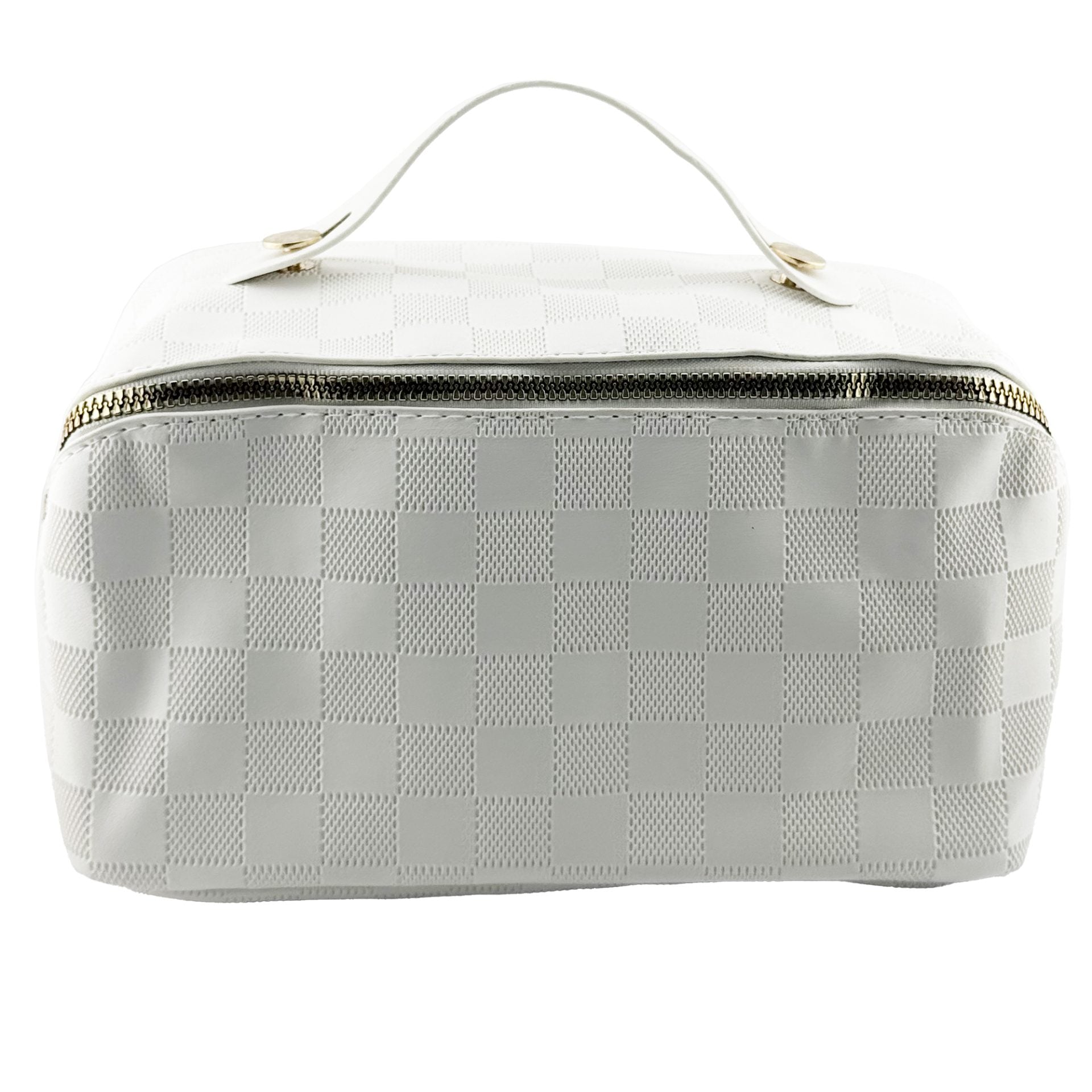 Geanta de Calatorie Klevo, Pentru Cosmetice, Portabila, Impermeabila, din Piele Ecologica, Compartimente Multiple, cu Fermoar, 22 x 13 x 12.5 cm, In Carouri, Alb
