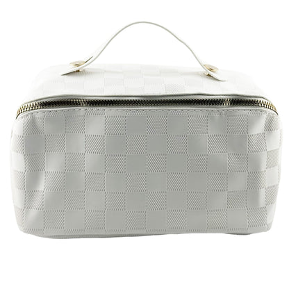 Geanta de Calatorie Klevo, Pentru Cosmetice, Portabila, Impermeabila, din Piele Ecologica, Compartimente Multiple, cu Fermoar, 22 x 13 x 12.5 cm, In Carouri, Alb