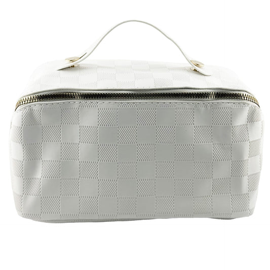 Geanta de Calatorie Klevo, Pentru Cosmetice, Portabila, Impermeabila, din Piele Ecologica, Compartimente Multiple, cu Fermoar, 22 x 13 x 12.5 cm, In Carouri, Alb