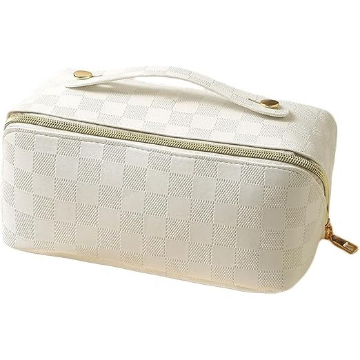 Geanta de Calatorie Klevo, Pentru Cosmetice, Portabila, Impermeabila, din Piele Ecologica, Compartimente Multiple, cu Fermoar, 22 x 13 x 12.5 cm, In Carouri, Alb