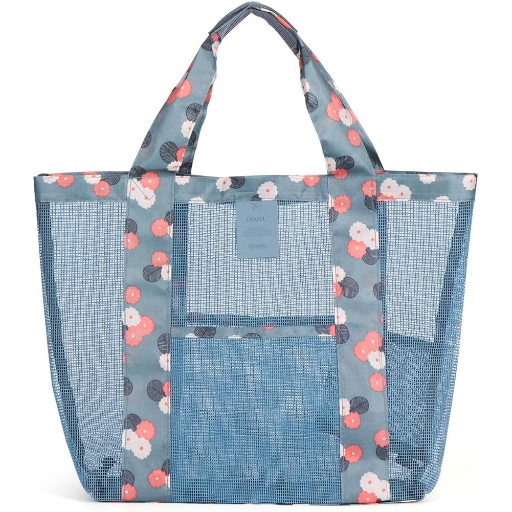 Geanta de Plaja, Klevo, din Plasa Transparenta, Imprimeu Floral, 43 x 10 x 33 cm, Model pentru Umar, Lungime Inferioara 33 cm, Albastru
