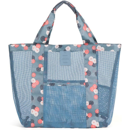 Geanta de Plaja, Klevo, din Plasa Transparenta, Imprimeu Floral, 43 x 10 x 33 cm, Model pentru Umar, Lungime Inferioara 33 cm, Albastru