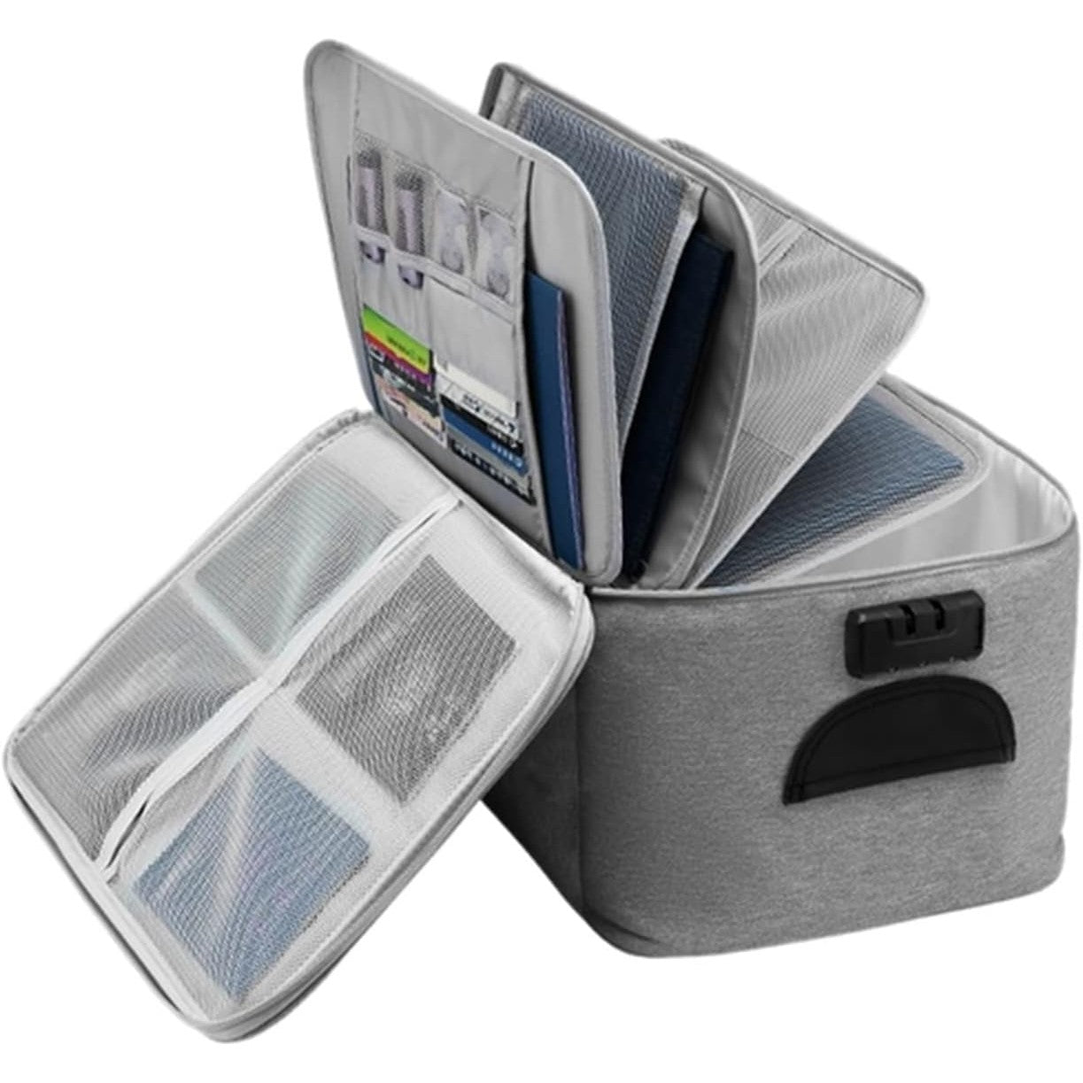 Geanta Klevo pentru Depozitare Acte si Documente, Facturi, Carduri, cu Cod de Securitate, 5 Compartimente, Impermeabila, 37 x 20 x 27 cm, Gri