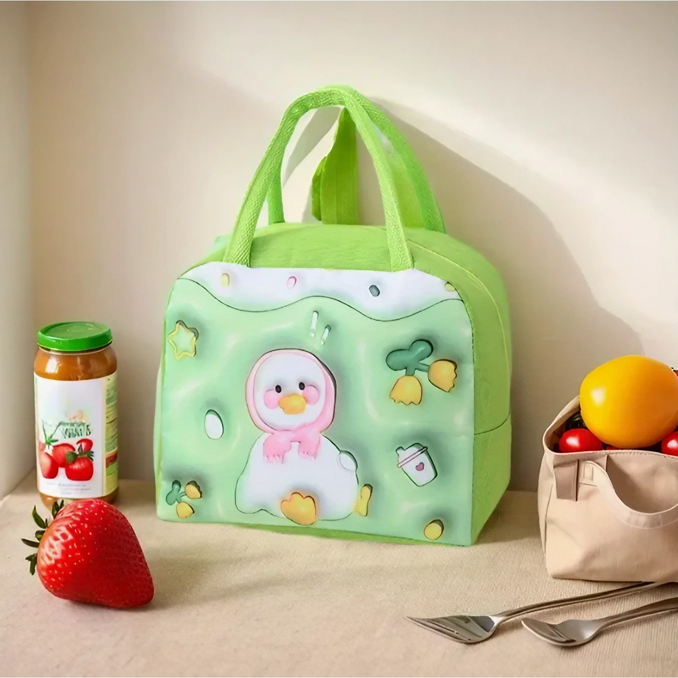 Geantă Frigorifică, Klevo, cu Desene Animate 3D, Portabilă pentru Copii, de Prânz, din Pânză Oxford, 23x13x19 cm, Model Ratusca, Verde
