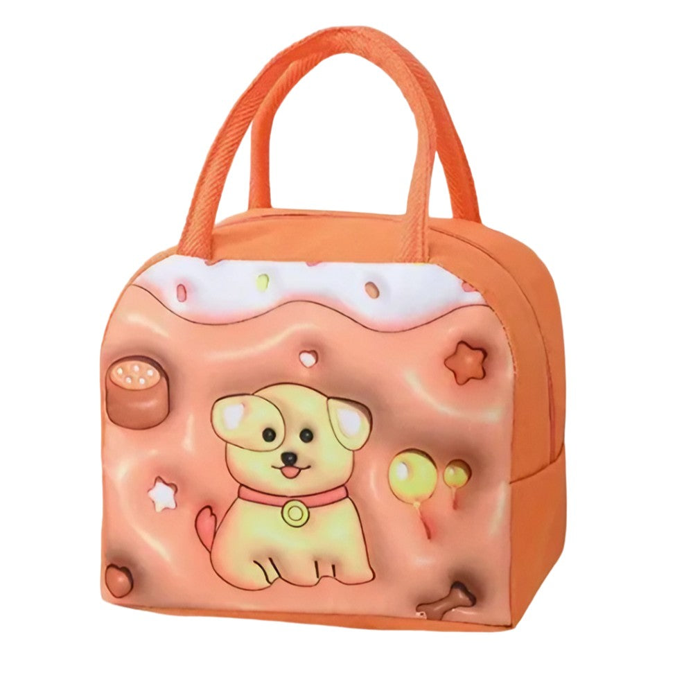 Geantă Frigorifică, Klevo, cu Desene Animate 3D, Portabilă pentru Copii, de Prânz, din Pânză Oxford, 23x13x19 cm, Model Catelus, Maro