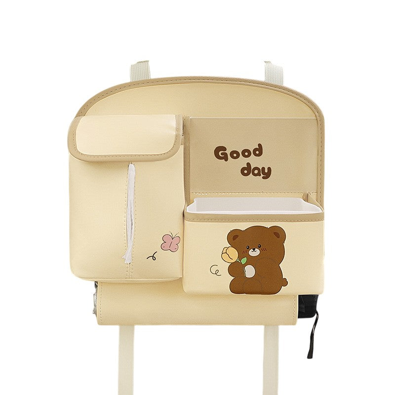 Geanta Multifunctionala de Depozitare, Klevo, pentru Bancheta din Spate a Masinii, Animat, Model Ursuleti, Scris Good Day, Suport Servetele si Telefon, 25x31 cm, Bej
