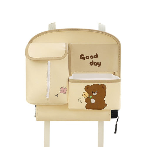 Geanta Multifunctionala de Depozitare, Klevo, pentru Bancheta din Spate a Masinii, Animat, Model Ursuleti, Scris Good Day, Suport Servetele si Telefon, 25x31 cm, Bej