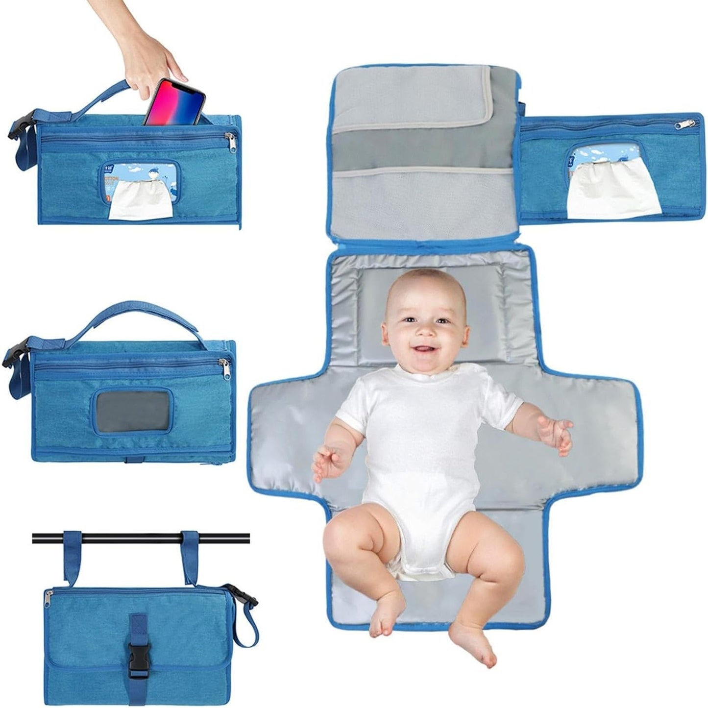 Geanta Multifunctionala, Klevo, Tip Aleza de Schimbat Scutece, Impermeabila, din Panza Oxford, cu Buzunare, Usor de Agatat, 30 x 20 cm, Albastru