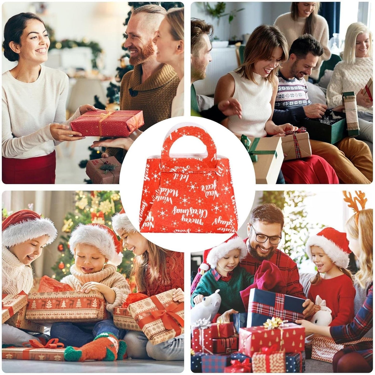 Geanta pentru Copii, Klevo, Pliabila, pentru Cadouri de Craciun, din Panza Netesuta, Merry Christmas, 13 x 12 x 6 cm, Rosu
