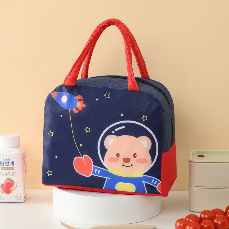 Geanta Termoizolanta pentru Copii, Klevo, 23x13x19 cm, Model Imprimeu Ursulet Astronaut, din Folie de Aluminiu si Panza Oxford, Albastru/Rosu