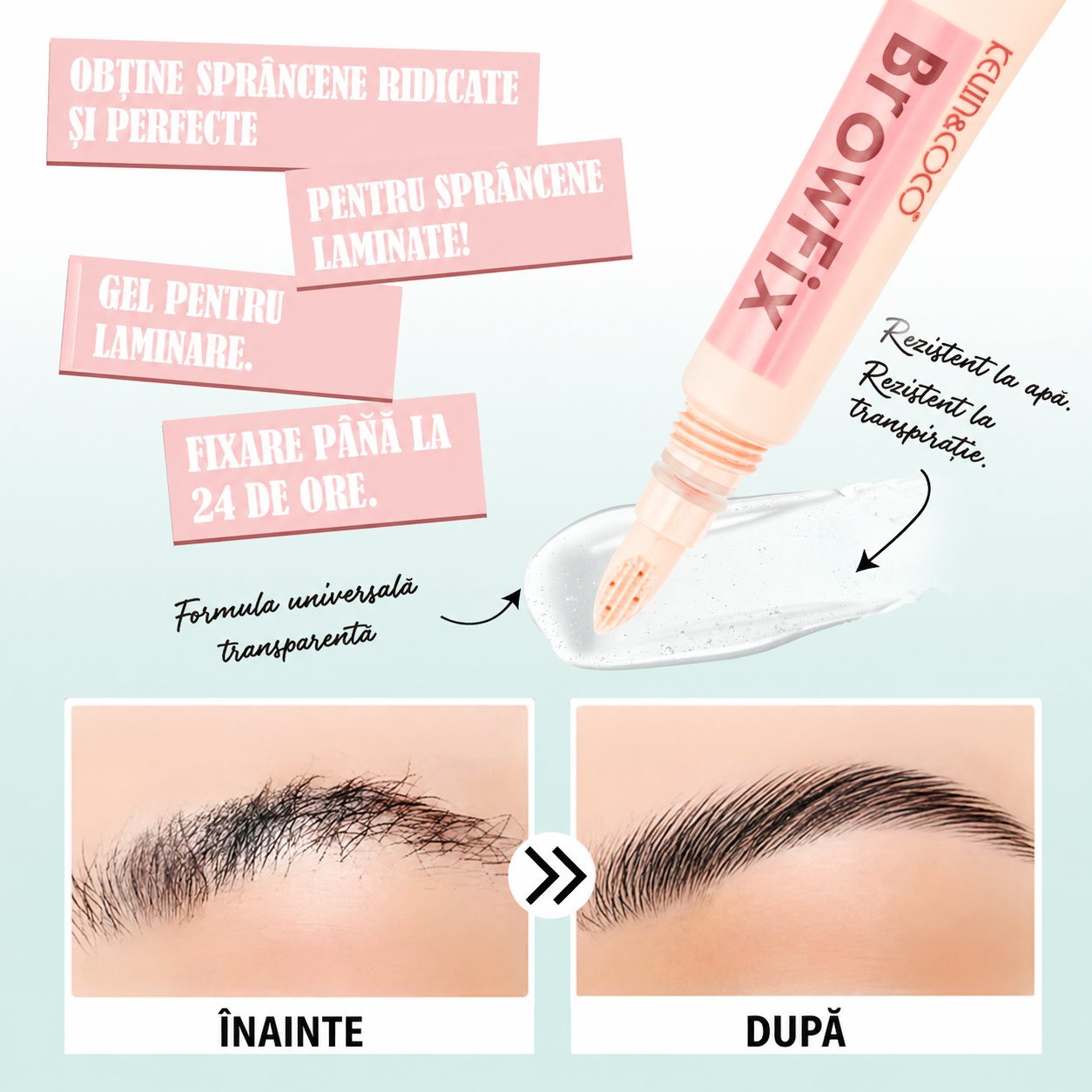 Gel pentru fixarea sprancenelor Brow Fix, Kevin&Coco, Efect de Laminare, Fixare Puternica a Firelor Rebele, Periuta de Silicon, 10 ml