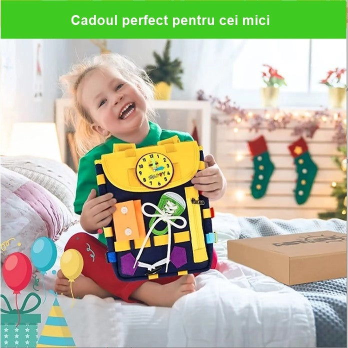 Ghiozdan Montessori, Klevo, pentru Copii 2-6 ani, Fidget Pop, cu Catarame si Fermoare, Jucarii Senzoriale, Activitate de Invatare prin Joc, Albastru Marin, 0.25 kg, 28x10x23 cm