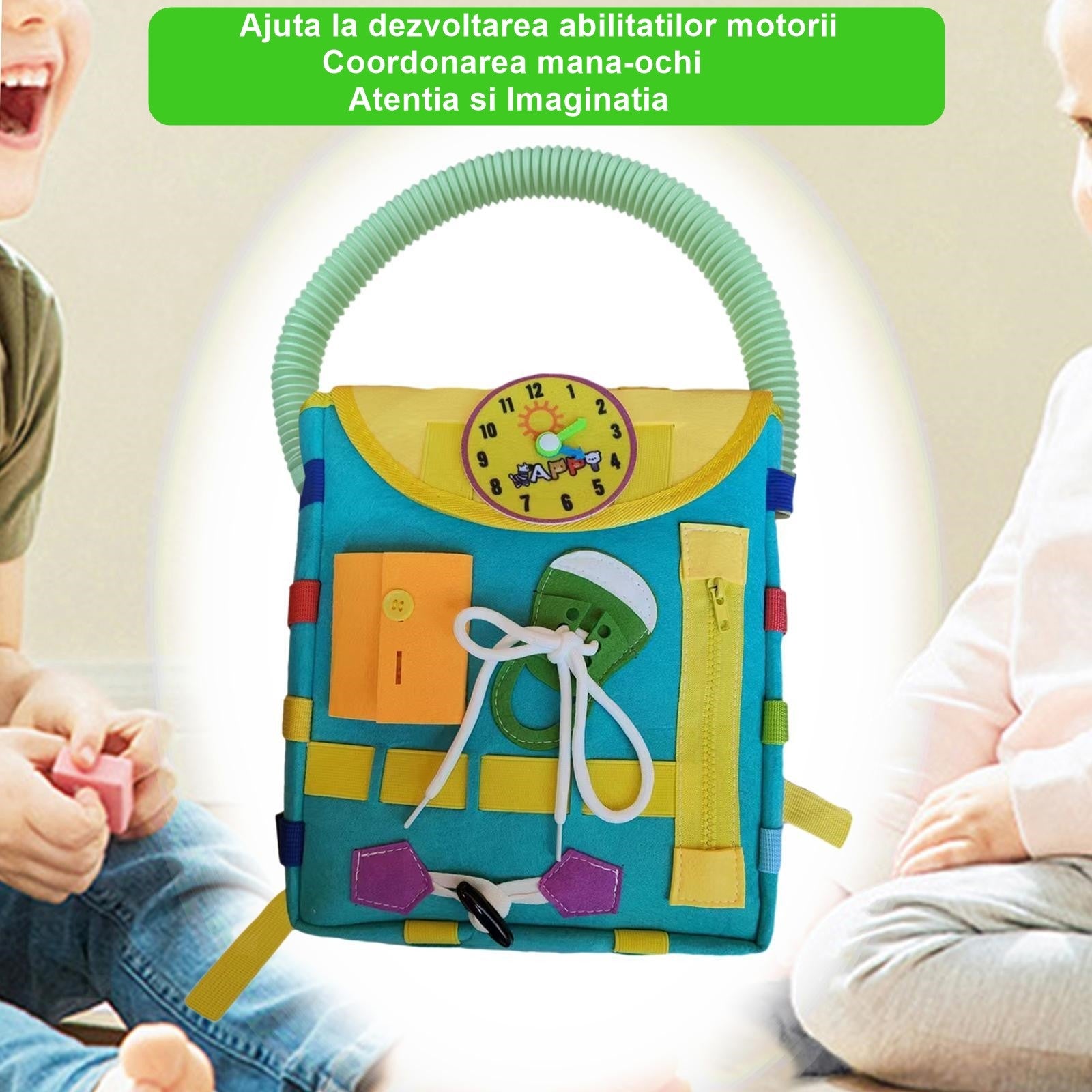 Ghiozdan Montessori, Klevo, pentru Copii 2-6 ani, Fidget Pop, cu Catarame si Fermoare, Jucarii Senzoriale, Activitate de Invatare prin Joc, Turcoaz, 0.25 kg, 28x10x23 cm