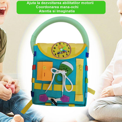 Ghiozdan Montessori, Klevo, pentru Copii 2-6 ani, Fidget Pop, cu Catarame si Fermoare, Jucarii Senzoriale, Activitate de Invatare prin Joc, Turcoaz, 0.25 kg, 28x10x23 cm