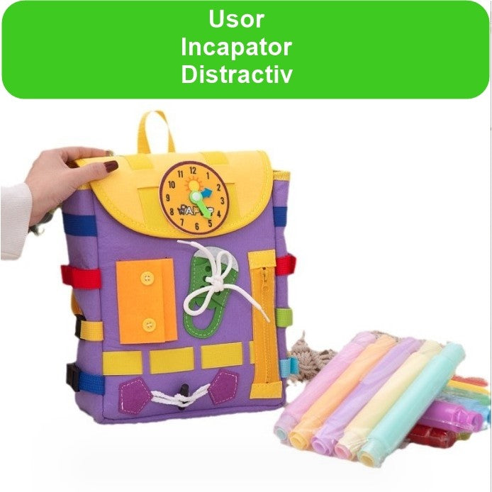 Ghiozdan Montessori, Klevo, pentru Copii 2-6 ani, Fidget Pop, cu Catarame si Fermoare, Jucarii Senzoriale, Activitate de Invatare prin Joc, Mov, 0.25 kg, 28x10x23 cm