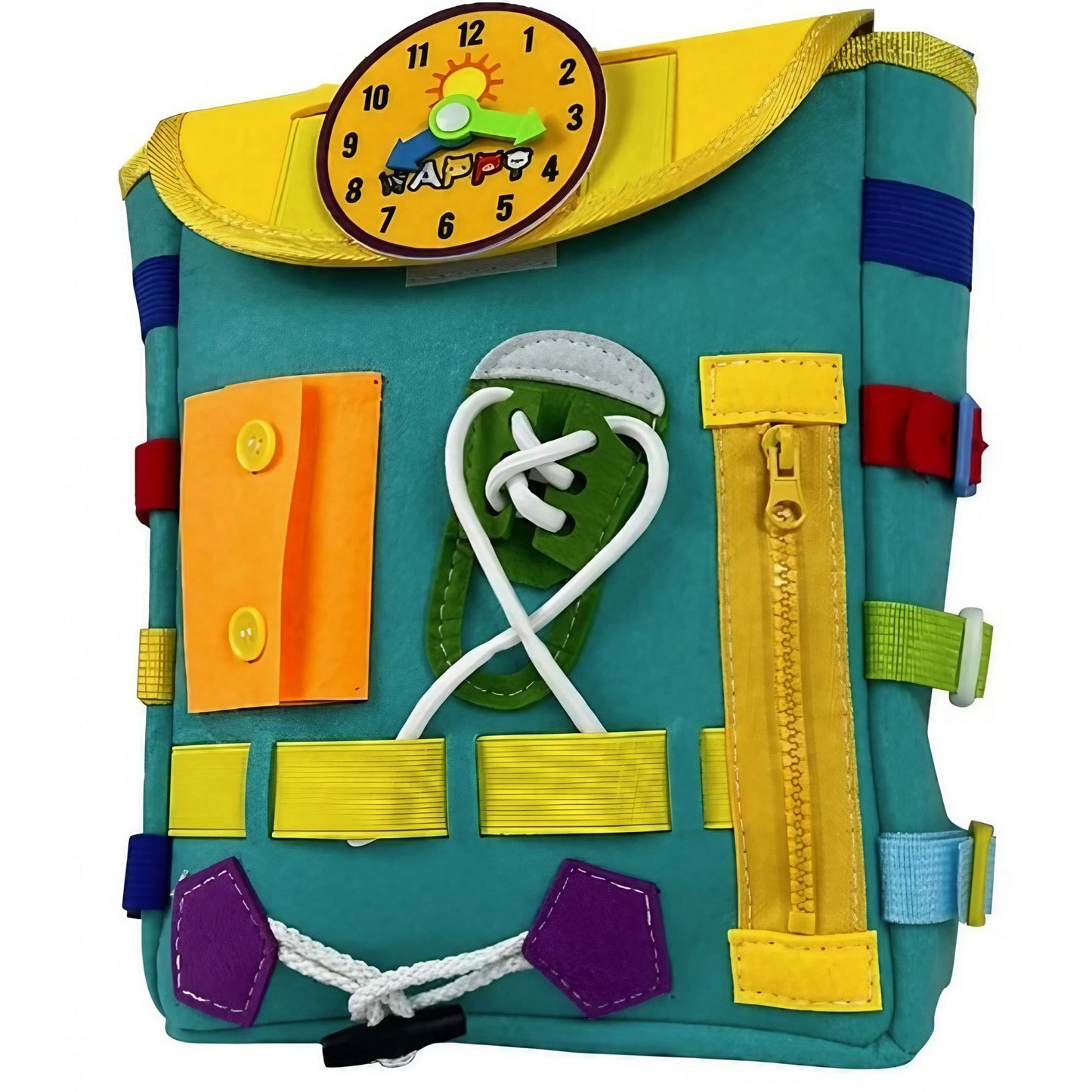 Ghiozdan Montessori, Klevo, pentru Copii 2-6 ani, Fidget Pop, cu Catarame si Fermoare, Jucarii Senzoriale, Activitate de Invatare prin Joc, Turcoaz, 0.25 kg, 28x10x23 cm