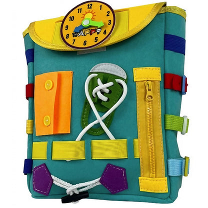 Ghiozdan Montessori, Klevo, pentru Copii 2-6 ani, Fidget Pop, cu Catarame si Fermoare, Jucarii Senzoriale, Activitate de Invatare prin Joc, Turcoaz, 0.25 kg, 28x10x23 cm