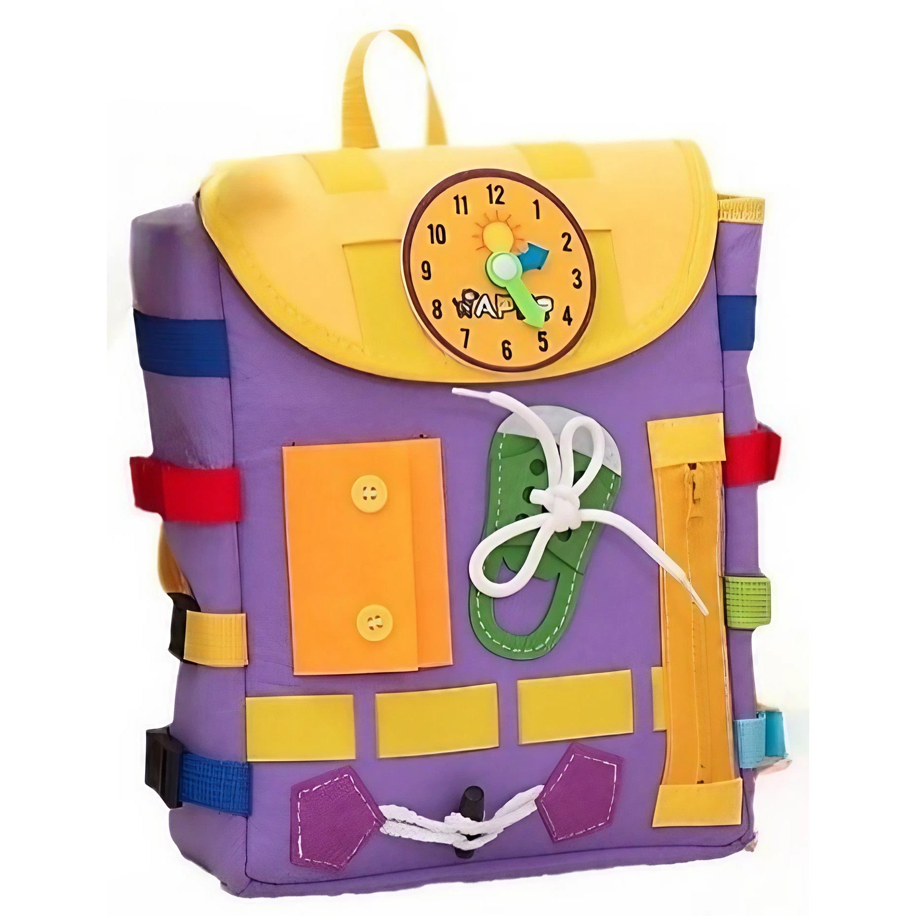 Ghiozdan Montessori, Klevo, pentru Copii 2-6 ani, Fidget Pop, cu Catarame si Fermoare, Jucarii Senzoriale, Activitate de Invatare prin Joc, Mov, 0.25 kg, 28x10x23 cm