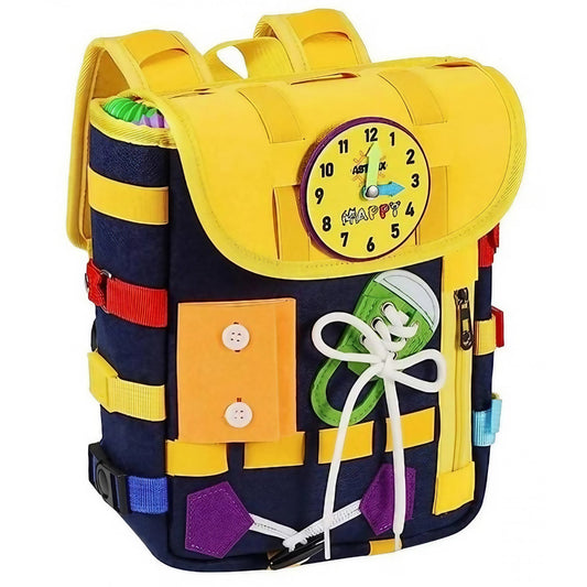Ghiozdan Montessori, Klevo, pentru Copii 2-6 ani, Fidget Pop, cu Catarame si Fermoare, Jucarii Senzoriale, Activitate de Invatare prin Joc, Albastru Marin, 0.25 kg, 28x10x23 cm