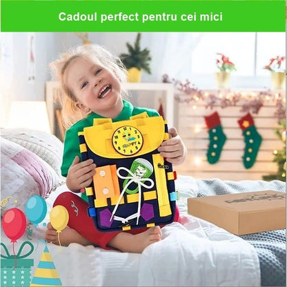 Ghiozdan Montessori, Klevo, pentru Copii 2-6 ani, Fidget Pop, cu Catarame si Fermoare, Jucarii Senzoriale, Activitate de Invatare prin Joc, Albastru Marin, 0.25 kg, 28x10x23 cm