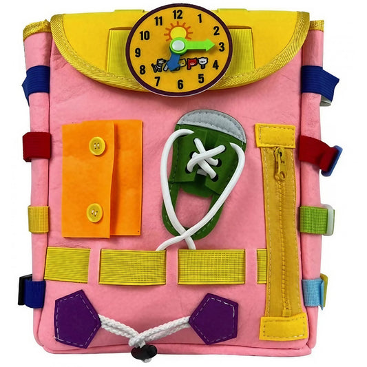 Ghiozdan Montessori, Klevo, pentru Copii 2-6 ani, Fidget Pop, cu Catarame si Fermoare, Jucarii Senzoriale, Activitate de Invatare prin Joc, Roz, 0.25 kg, 28x10x23 cm