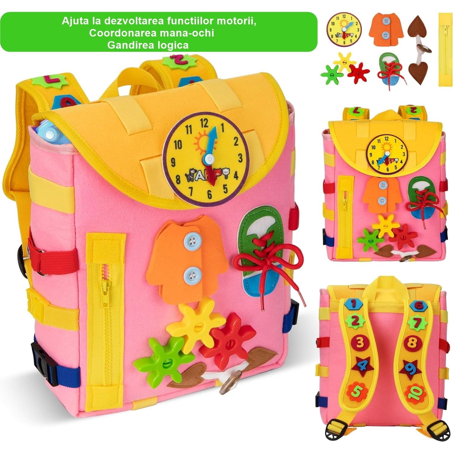 Ghiozdan Montessori, Klevo, pentru Copii 2-6 ani, Fidget Pop, cu Catarame si Fermoare, Jucarii Senzoriale, Activitate de Invatare prin Joc, Roz, 0.25 kg, 28x10x23 cm