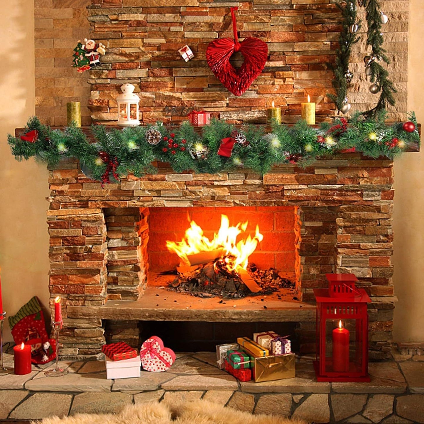 Ghirlanda de Craciun, Klevo, din Brad Artificial cu Decoratiuni, cu Baterii, 50 LED-uri, 270 cm, Verde