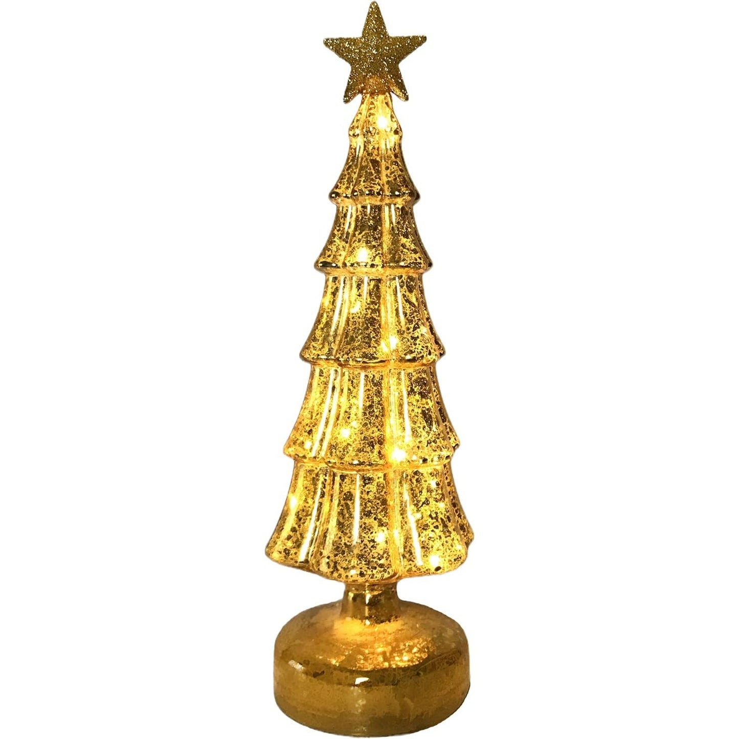 Decoratiune de Craciun, Klevo, Model Brad cu Stea, din Sticla, Lumini, Baterii 3 AA, 31.5 x 9 cm, Auriu
