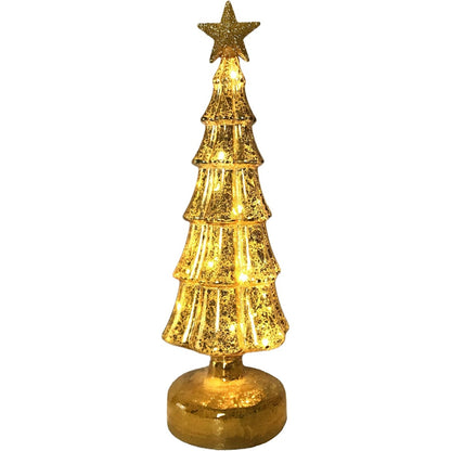 Decoratiune de Craciun, Klevo, Model Brad cu Stea, din Sticla, Lumini, Baterii 3 AA, 31.5 x 9 cm, Auriu