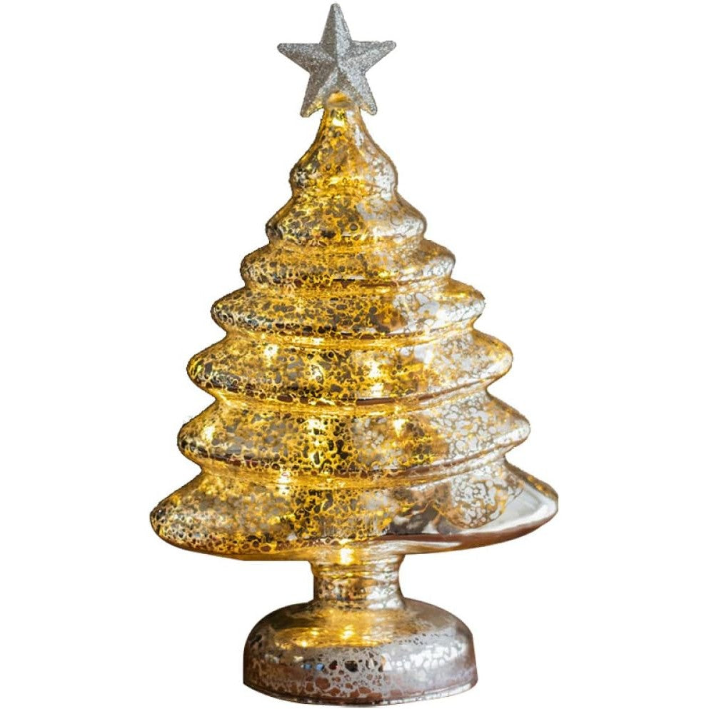 Decoratiune de Craciun, Klevo, Model Brad cu Stea, din Sticla, Lumini, Baterii 3 AA, 22 x 9 cm, Auriu