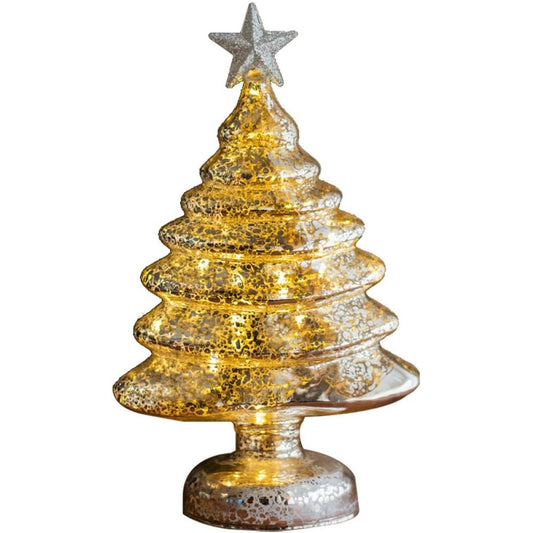 Decoratiune de Craciun, Klevo, Model Brad cu Stea, din Sticla, Lumini, Baterii 3 AA, 22 x 9 cm, Auriu