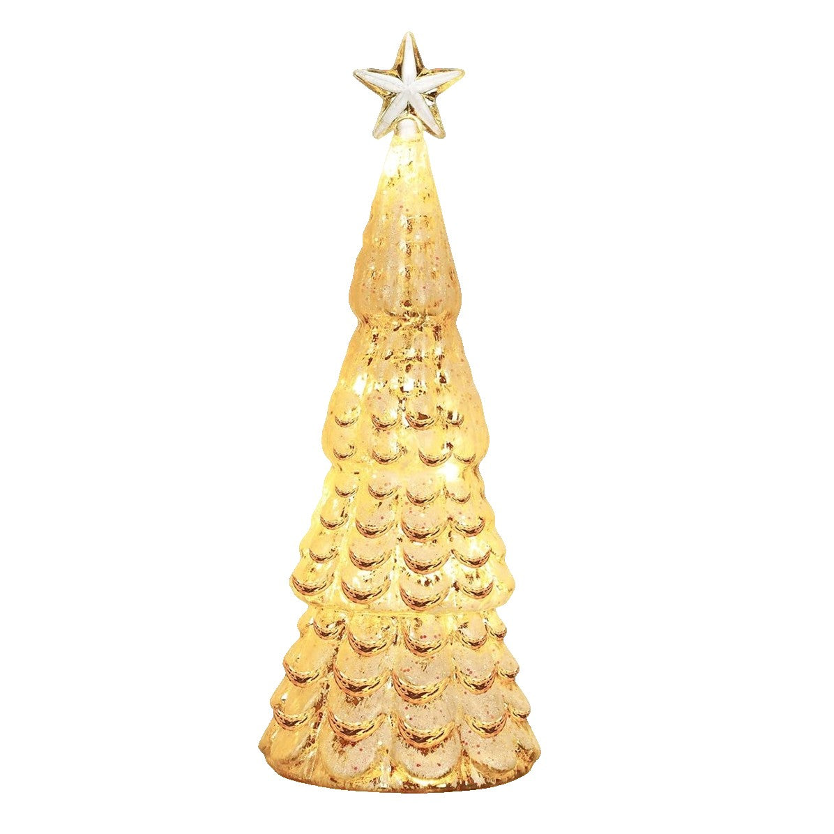 Decoratiune de Craciun, Klevo, Model Brad cu Stea, din Sticla, Lumini, Baterii 3 AA, 24 x 8 cm, Auriu