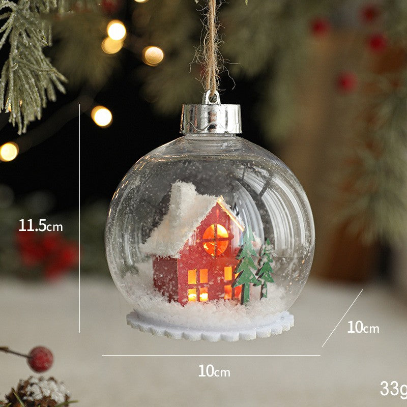 Glob pentru Bradul de Craciun LED, Klevo, Model A, Glob Transparent cu Figurina Casa si Braduti iluminat LED, Diametrul 10 cm, Baza Solida, Transparent