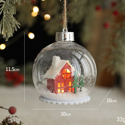 Glob pentru Bradul de Craciun LED, Klevo, Model A, Glob Transparent cu Figurina Casa si Braduti iluminat LED, Diametrul 10 cm, Baza Solida, Transparent
