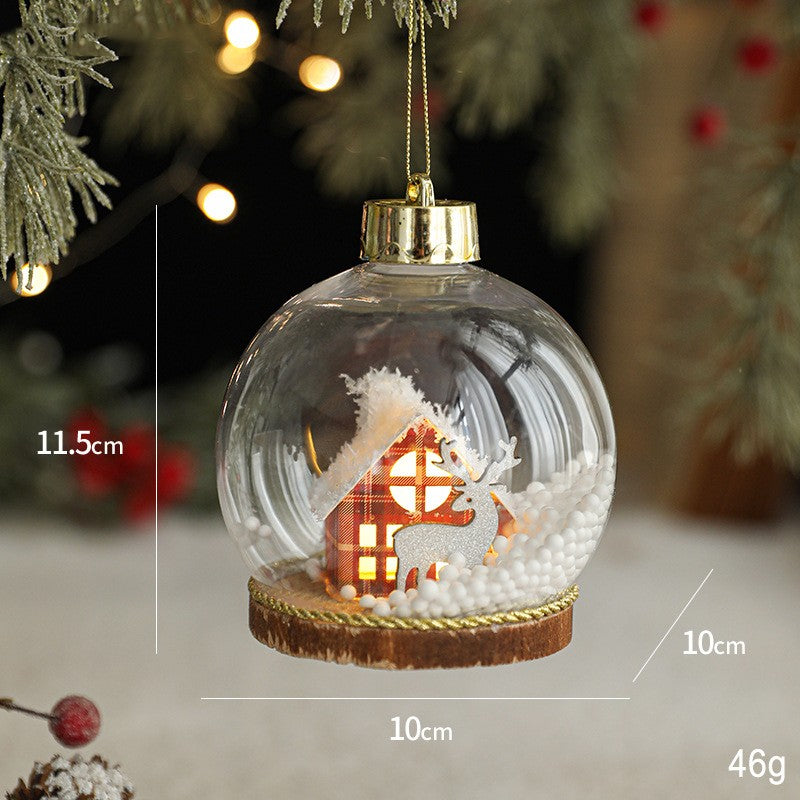 Glob pentru Bradul de Craciun LED, Klevo, Model B, Glob Transparent cu Figurina Casa si Ren iluminat LED, Diametrul 10 cm, Baza Solida, Transparent