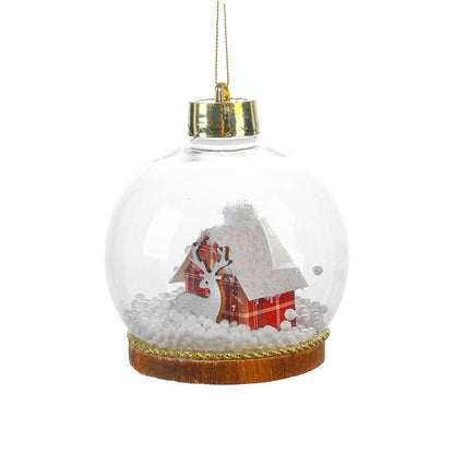 Glob pentru Bradul de Craciun LED, Klevo, Model B, Glob Transparent cu Figurina Casa si Ren iluminat LED, Diametrul 10 cm, Baza Solida, Transparent