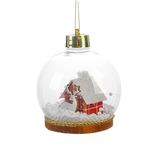 Glob pentru Bradul de Craciun LED, Klevo, Model B, Glob Transparent cu Figurina Casa si Ren iluminat LED, Diametrul 10 cm, Baza Solida, Transparent